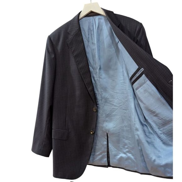 J. Hilburn Men's 45R Classic Fit Micro Check Navy Wool Blazer Two Button - Picture 4 of 8